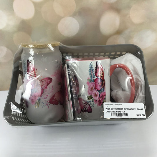 PINK BUTTERFLIES GIFT BASKET- GLASS CAN/MUG/COASTER