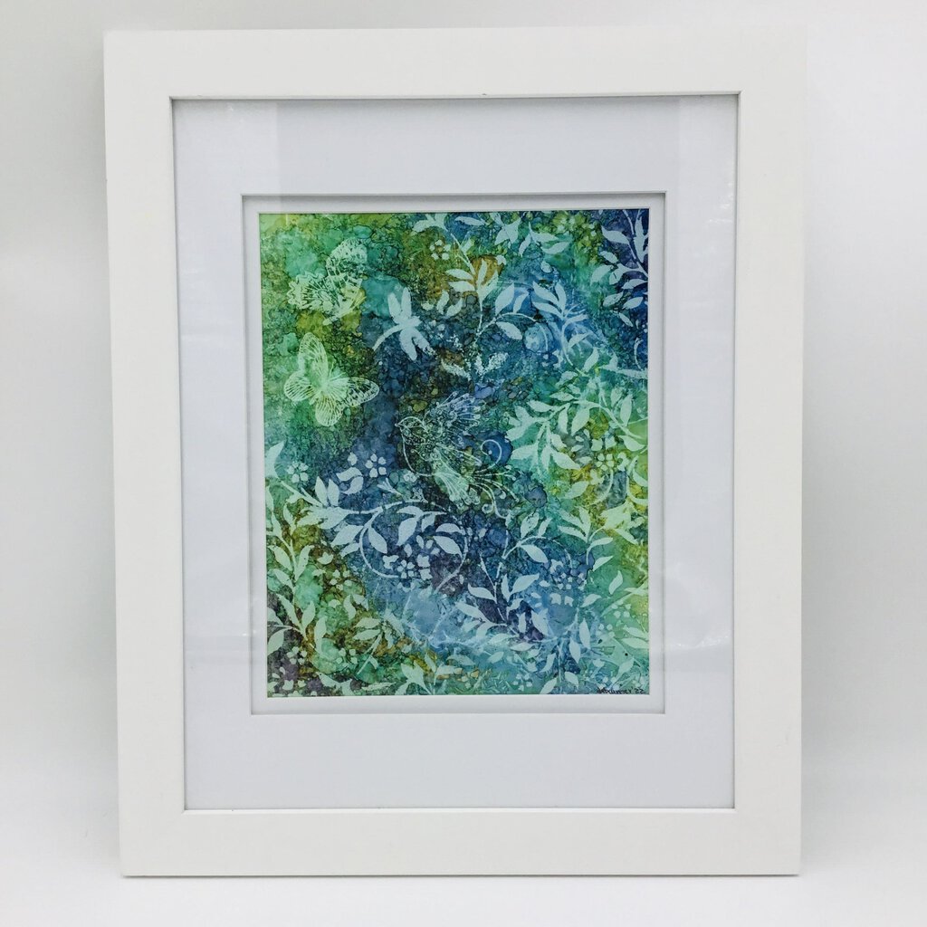 8X10 BLUEGREEN ENCHANTEDGARDEN WBIRDBUTTERDRGFLY ALCOHOL INKS