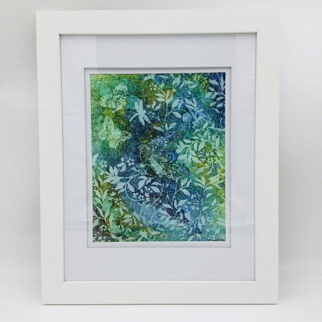 8X10 BLUEGREEN ENCHANTEDGARDEN WBIRDBUTTERDRGFLY ALCOHOL INKS