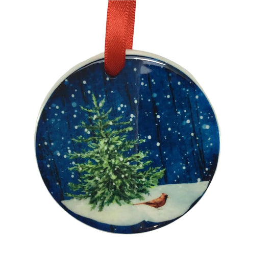 Ceramic Christmas Ornament - Cardinal and Pine Tree Scene