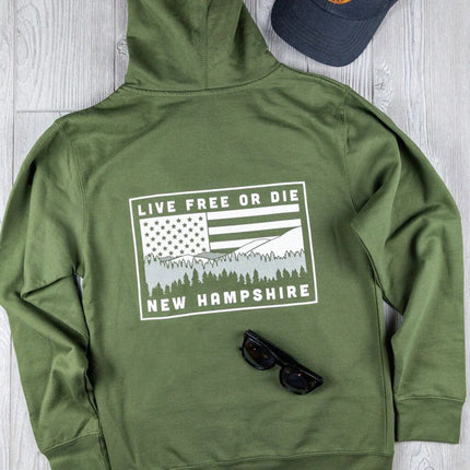 NH Mountains & USA Flag Hoodie - Military Green