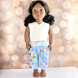 WHITE TOP W LACE AND BLUE EASTER CAPRI JEANETTES 18 INCH DOLL BEDDING AND CLOTHING - view 1