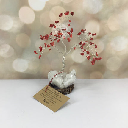 Twisted Wire and Gemstone Tree: RED CORAL ON CLEAR QUARTZ