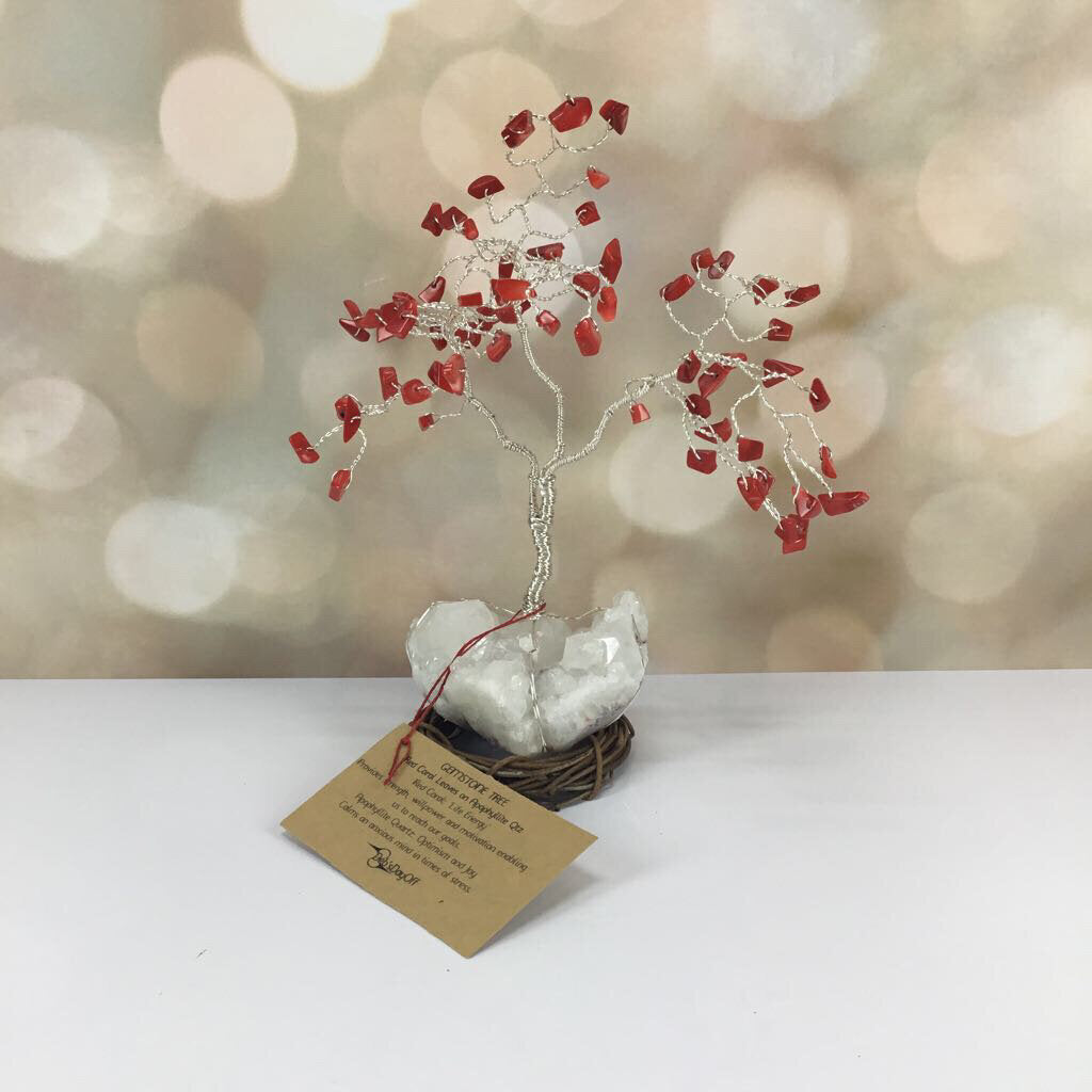 GEMSTONE WIRE TREE RED CORAL ON CLEAR QUARTZ