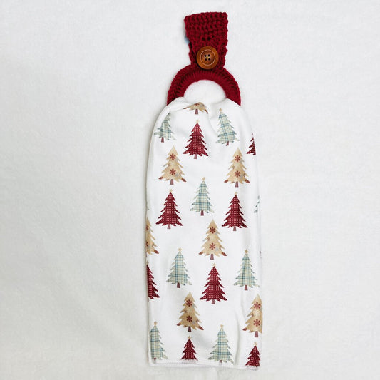 Hanging Towel Set - Red Gingham Plaid Christmas Trees