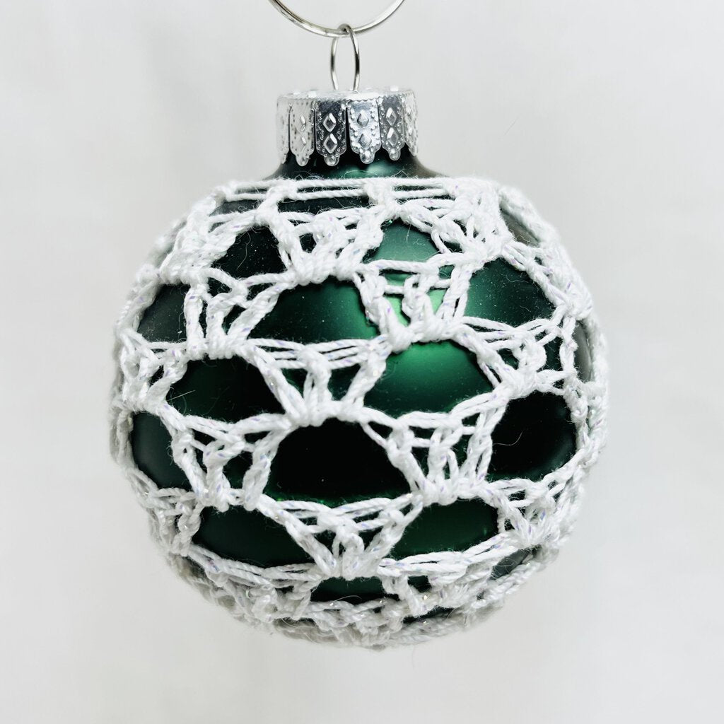 Glass Ball Ornament - Green with White Thread