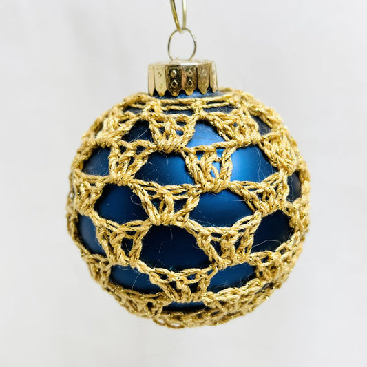 Glass Ball Ornament - Blue with Gold Thread