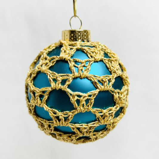 Glass Ball Ornament - Teal with Gold Thread