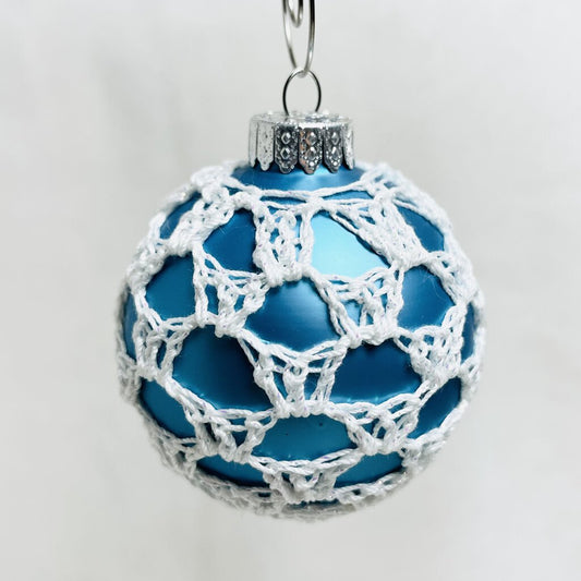 Glass Ball Ornament - Sea Blue with White Thread