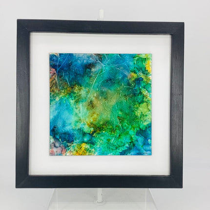 8X8 ABSTRACT MOUNTED AND FRAMED TO 13X13 ALCOHOL INKS