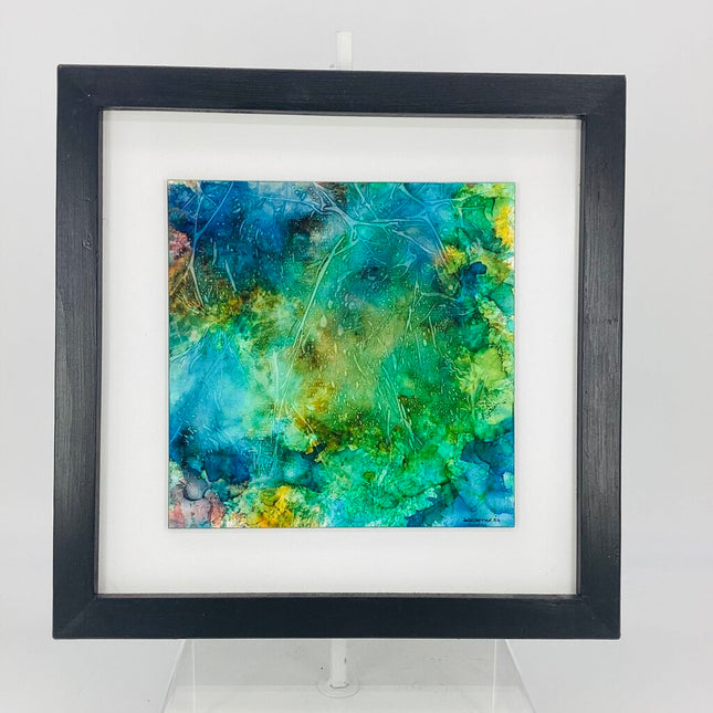 8X8 ABSTRACT MOUNTED AND FRAMED TO 13X13 ALCOHOL INKS