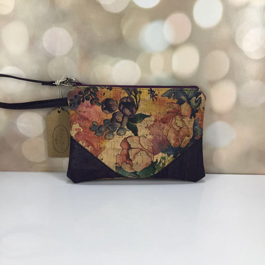 Wristlet Clutch - Watercolor floral with Purple accennt