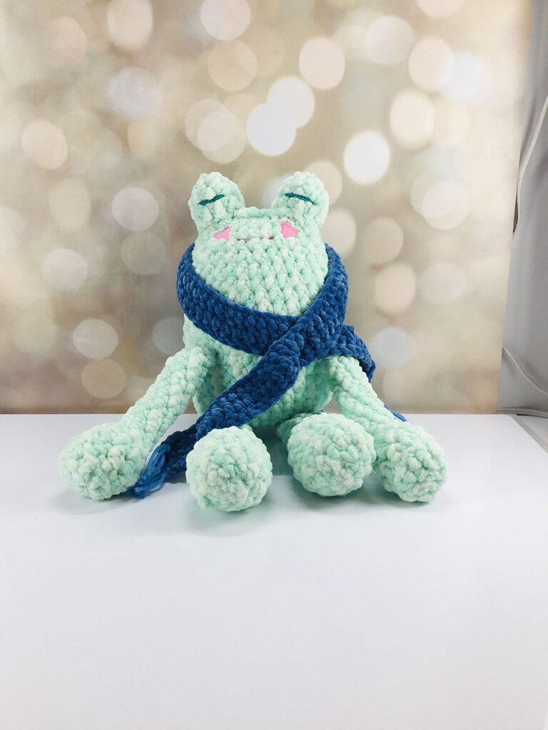 Crocheted Weighted Frog Plush with Scarf