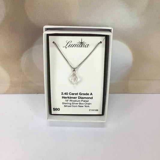 21H168- Herkimer Diamond 2.40 Ct grade A 18" Rhodium Plated Sterling Silver Box Chain