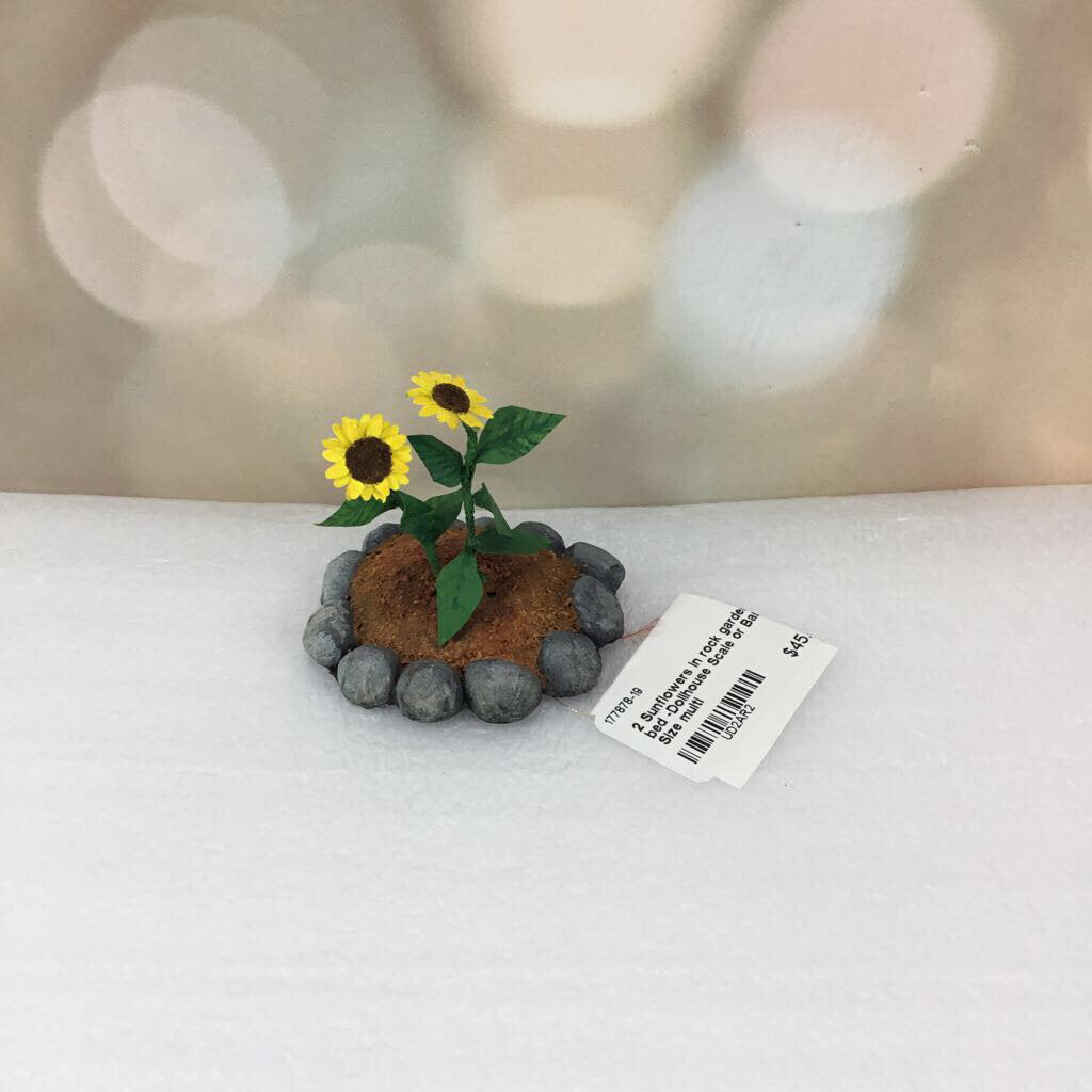 2 Sunflowers in rock garden bed -Dollhouse Scale or Barbie Size