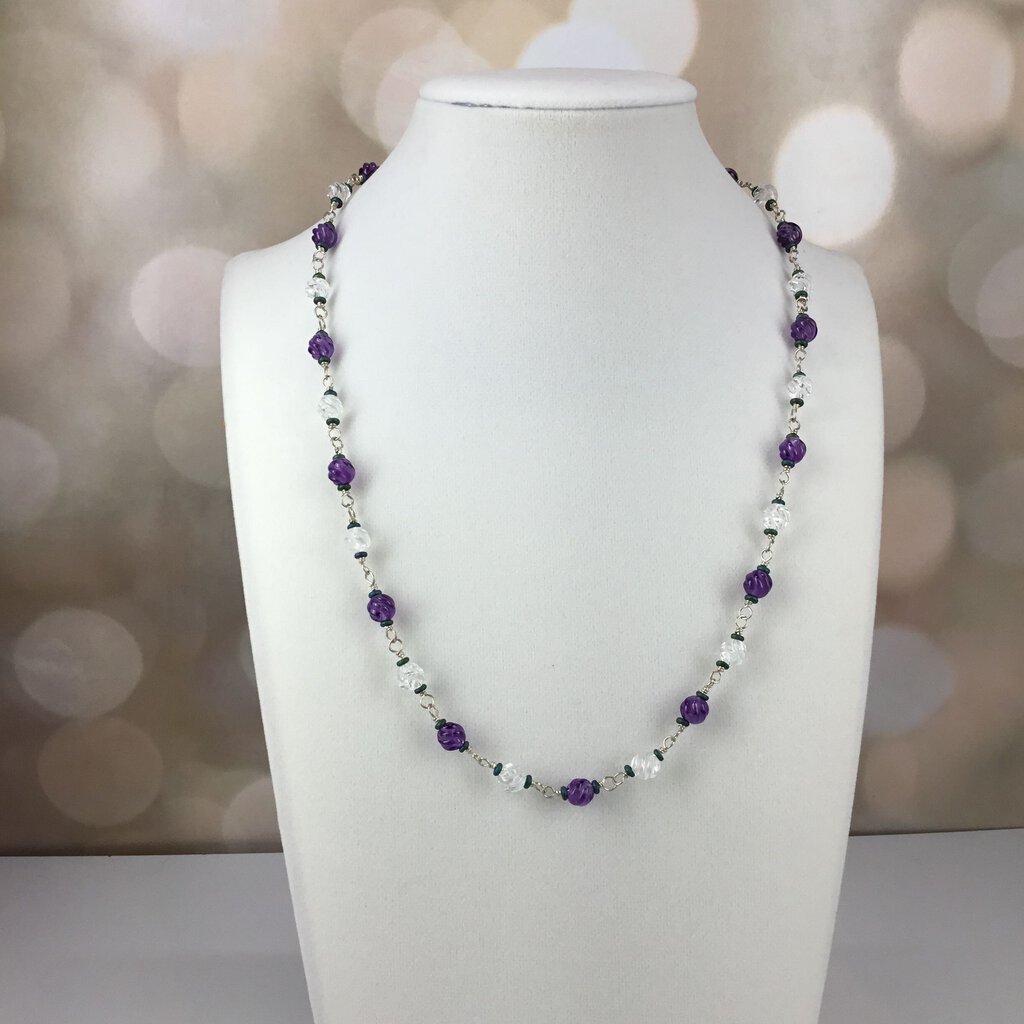 SS-Carved Swirl Quartz & Amethyst linked Necklace