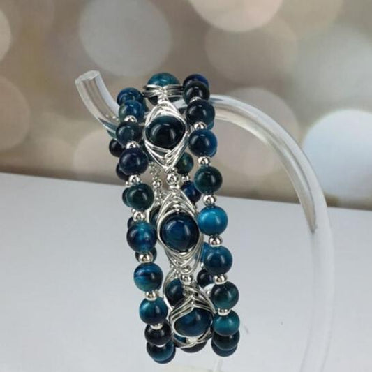 Herringbone wrapped Sterling Silver 3-tier MW Bracelet with Blue dyed Tiger Eye Stones