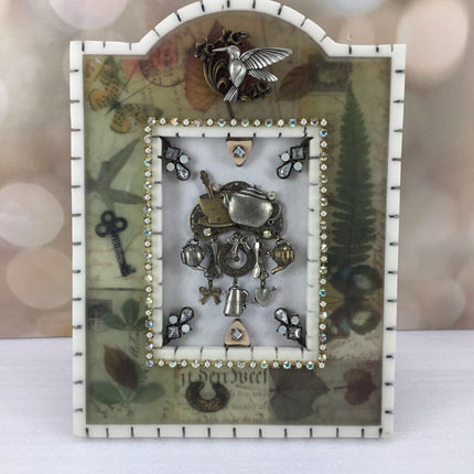 VTG MARBLE FRAME w/vtg tea time brooch & pewter hummingbird