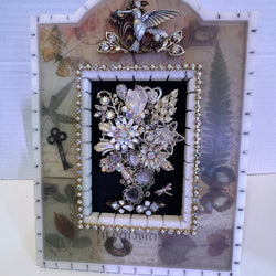 VTG MARBLE FRAME w/vtg pewter hummingbird.Flowers, rhinestones and silver jewelry - view 1