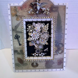 VTG MARBLE FRAME w/vtg pewter hummingbird.Flowers, rhinestones and silver jewelry - view 2
