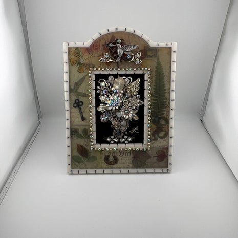 VTG MARBLE FRAME w/vtg pewter hummingbird.Flowers, rhinestones and silver jewelry