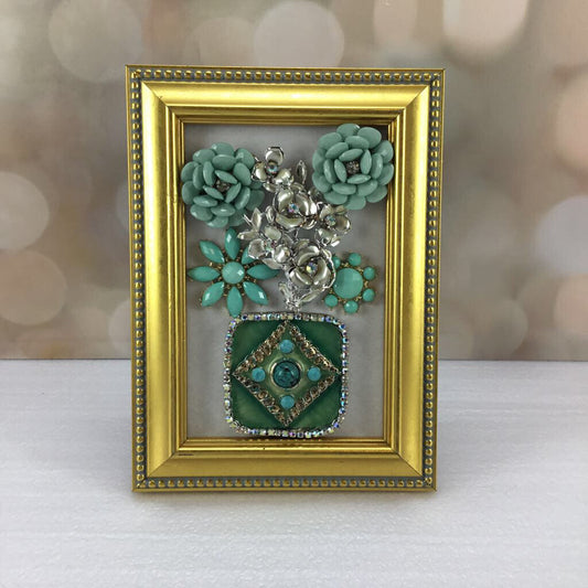 TEAL & SILVER FLOWERS IN 5 x 7 gold frame