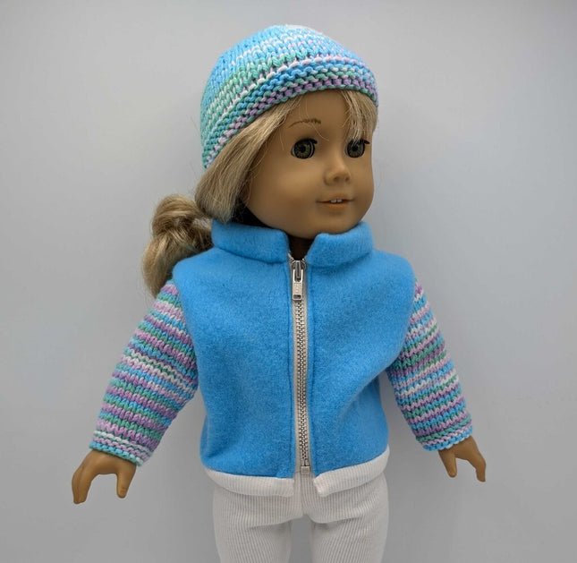 Blue fleece jacket knitted sleeves hat leggings