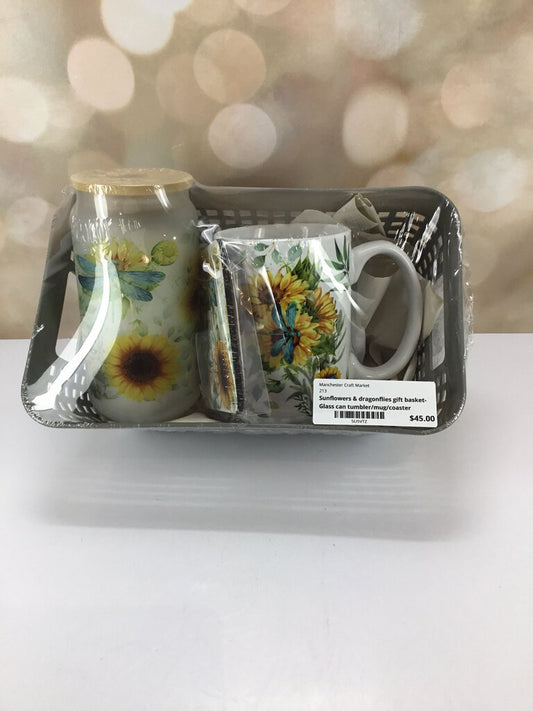 Sunflowers & dragonflies gift basket- Glass can tumbler/mug/coaster