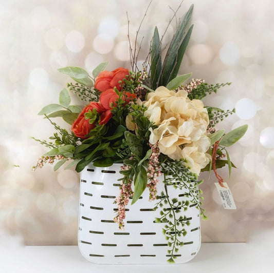 156-white enamelware wall pocket with succulent, hydrangeas