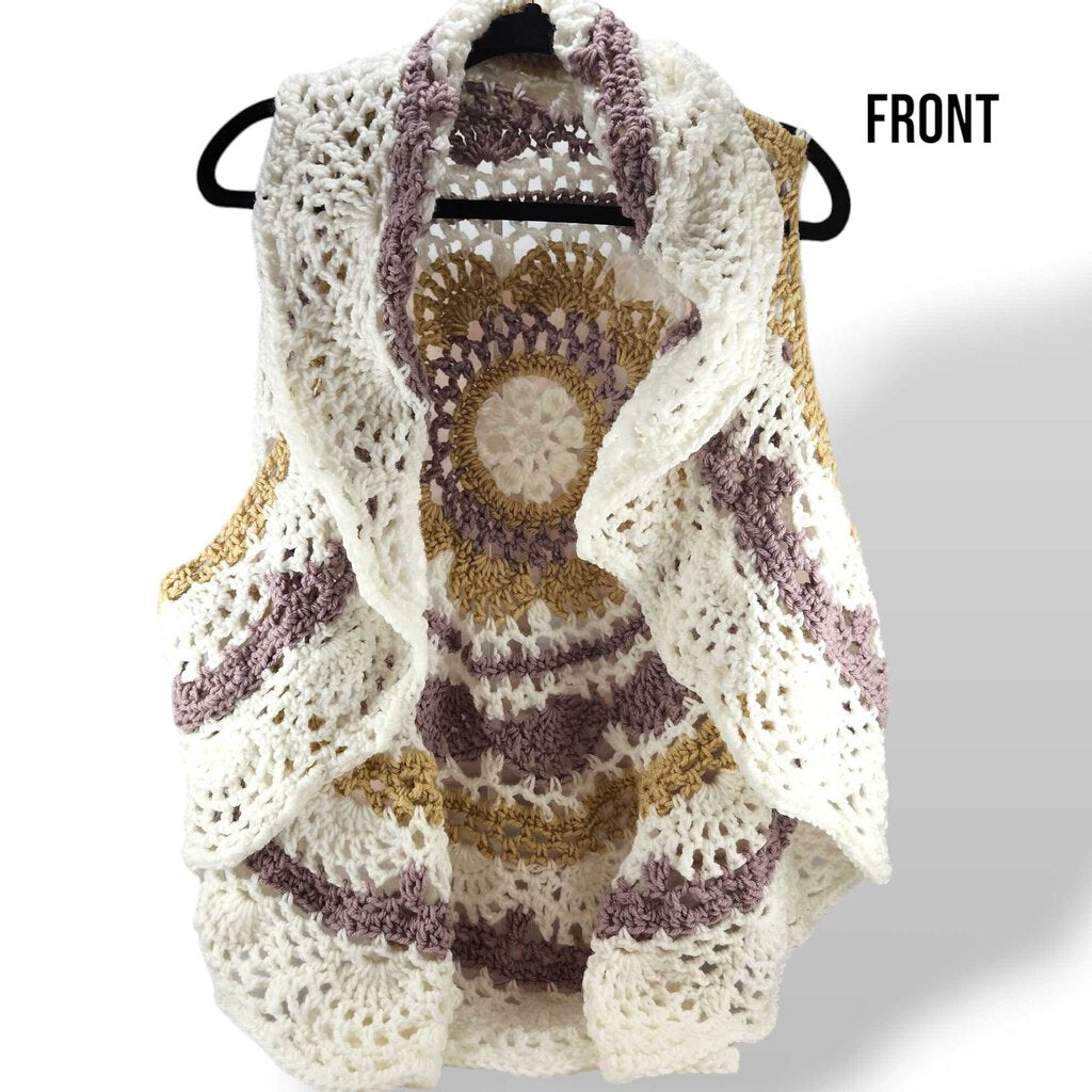 OS-Adult mandala vest, cream crochet top pullover