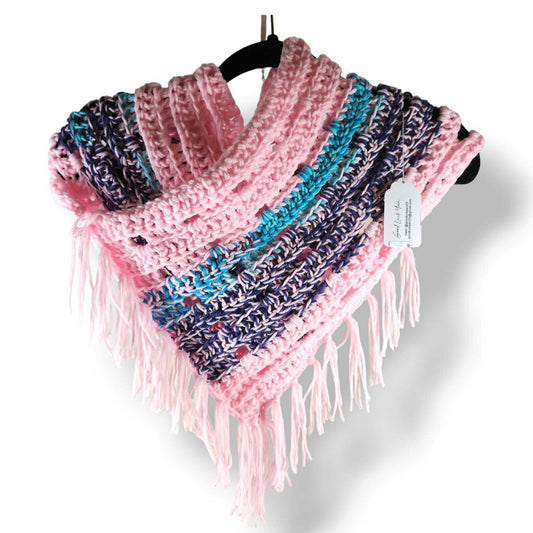 One size, pink blue fringed scarf pullover design