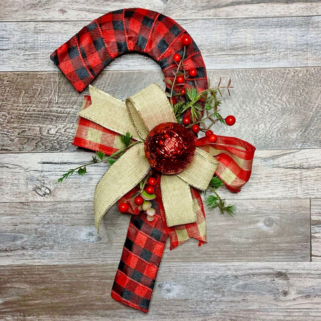 Small Buffalo Plaid Christmas Candy Cane Door Hanger – Red, Black & Tan Holiday Wreath Alternative, Winter Candy Cane Decor, Christmas Gift Idea