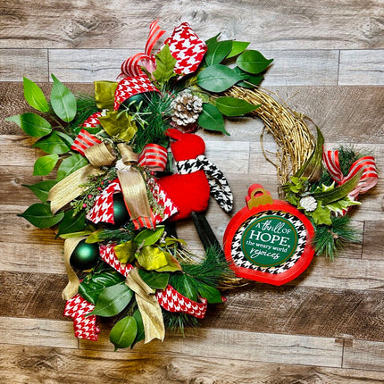 Wreath, Holiday Reindeer Houndstooth Wreath, Gold Christmas Front Door Wreath, Holiday Door Decor