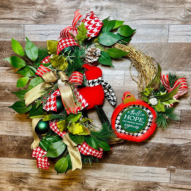 Wreath, Holiday Reindeer Houndstooth Wreath, Gold Christmas Front Door Wreath, Holiday Door Decor