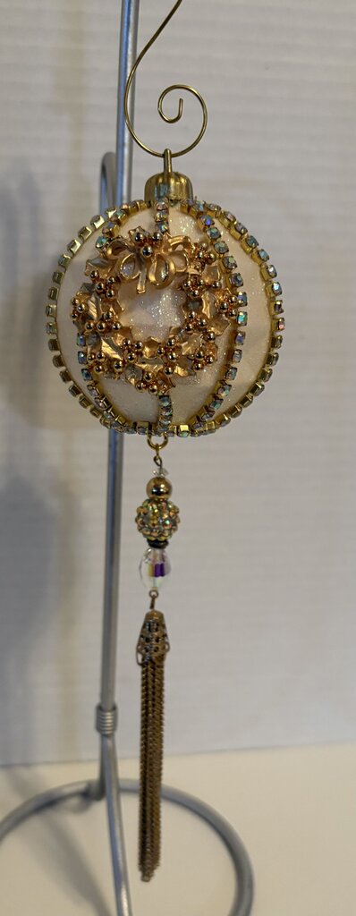 VTG cream glitter ORNAMENTw/ rhinestones & gold wreaths & hanging ornate beaded chai
