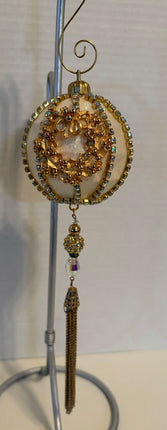 VTG cream glitter ORNAMENTw/ rhinestones & gold wreaths & hanging ornate beaded chai