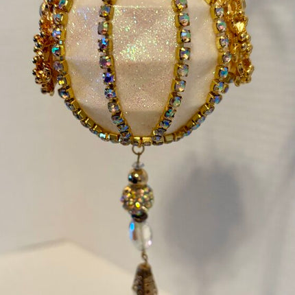 VTG cream glitter ORNAMENTw/ rhinestones & gold wreaths & hanging ornate beaded chai