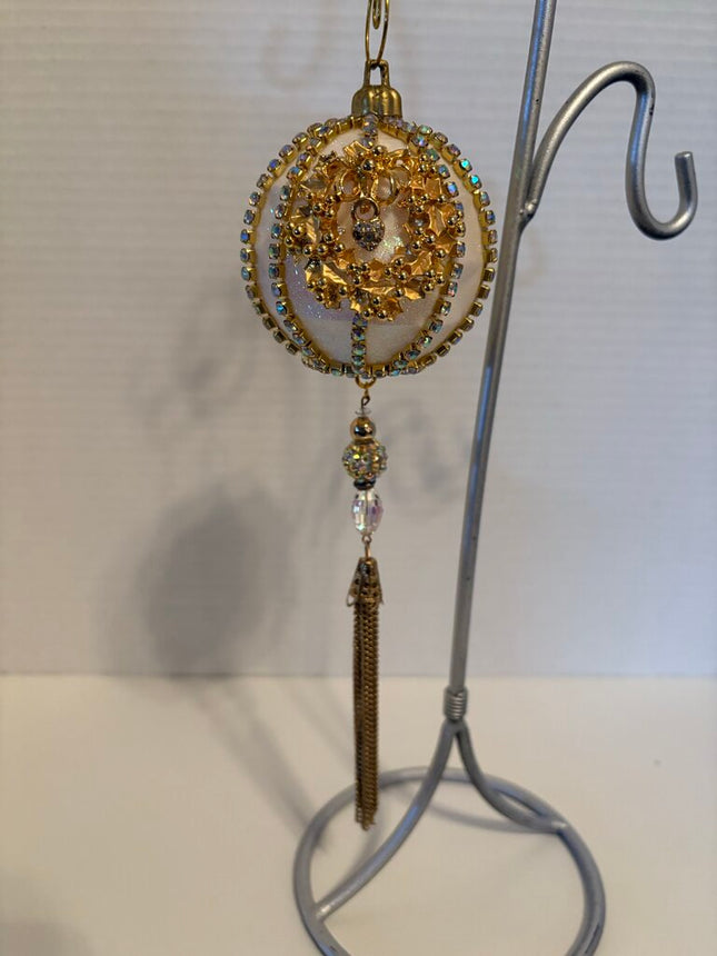 VTG cream glitter ORNAMENTw/ rhinestones & gold wreaths & hanging ornate beaded chai