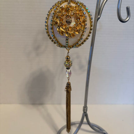 VTG cream glitter ORNAMENTw/ rhinestones & gold wreaths & hanging ornate beaded chai