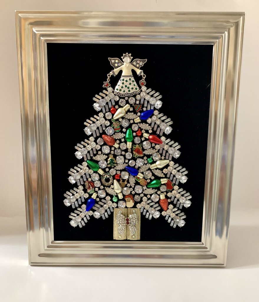 CHRISTMAS TREE w/vintage christmas charms & jewelry 8 X 10 large silver frame