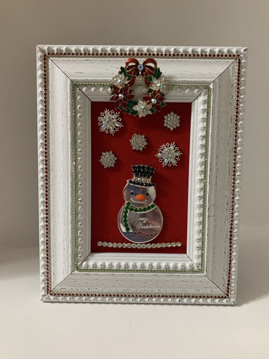 VTG SNOWMAN picture decorated w/snowflakes & VTG POINSETTA