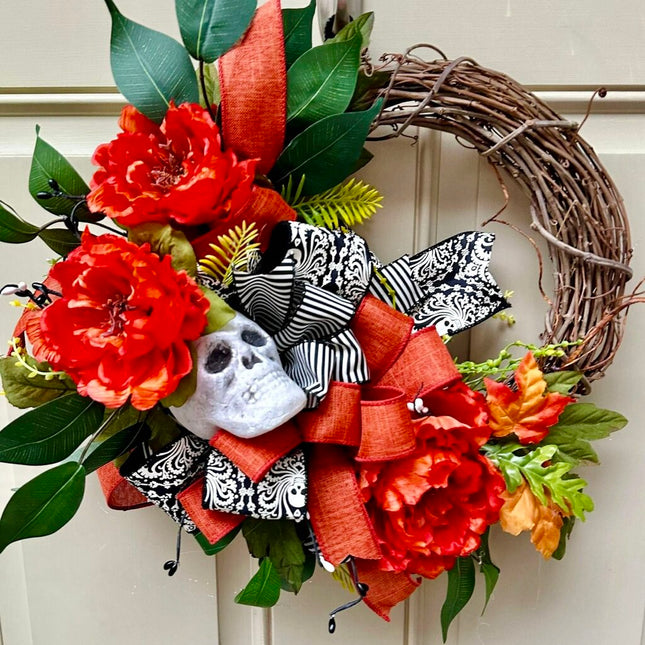 Spooky Skull Halloween Floral Wreath – Orange & Black Grapevine Wreath for Front Door, Fall Halloween Door Decor, Skull Head Decoration