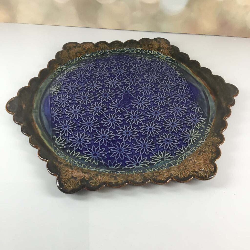 flower-texture hexagon platter, stoneware