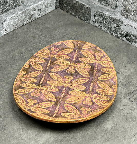 dragonfly footed dish, stoneware