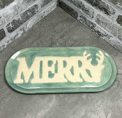 MERRY lace letters platter, stoneware