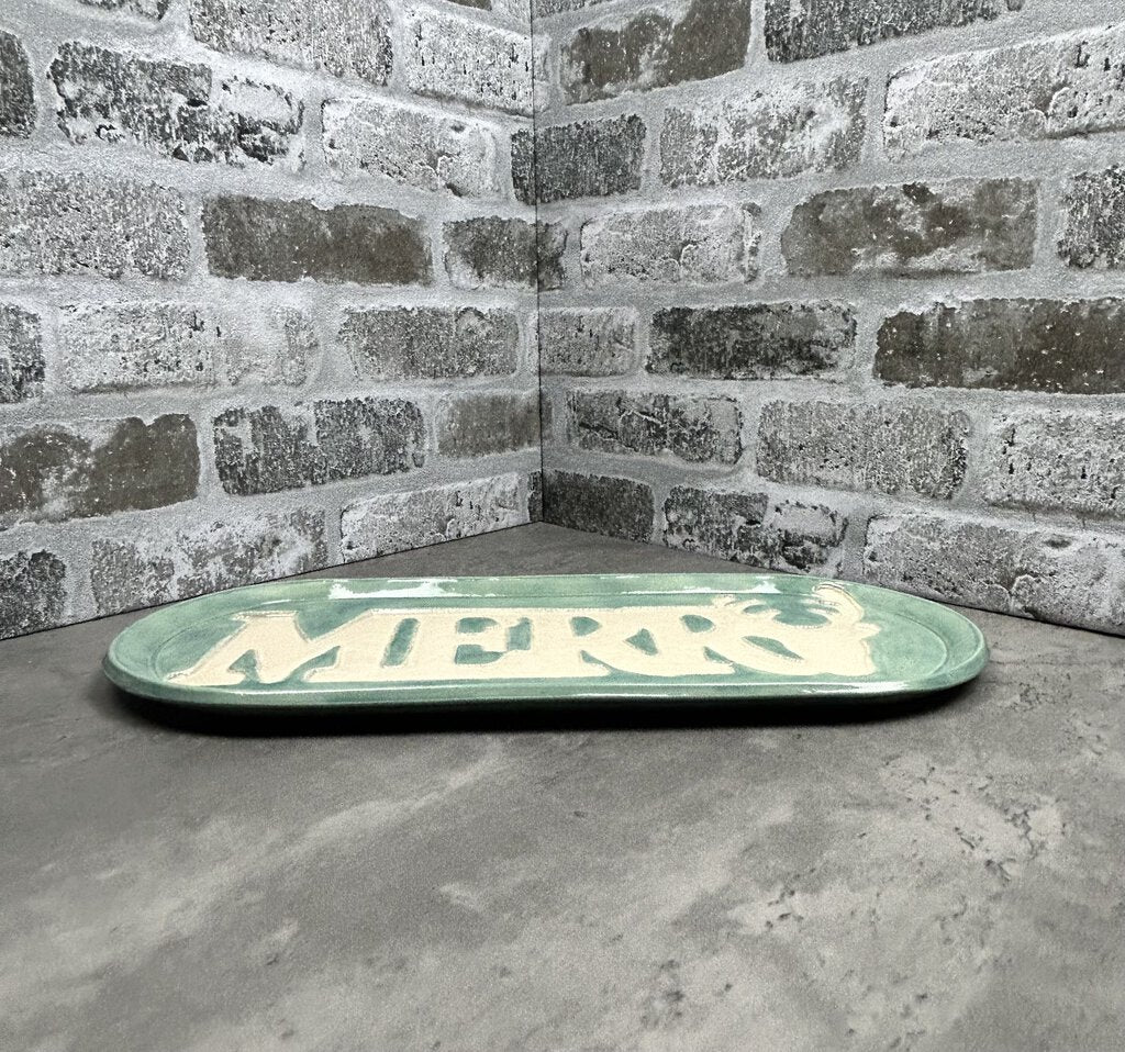 MERRY lace letters platter, stoneware