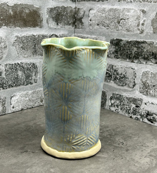 scalloped geometric-texteured vase, stoneware