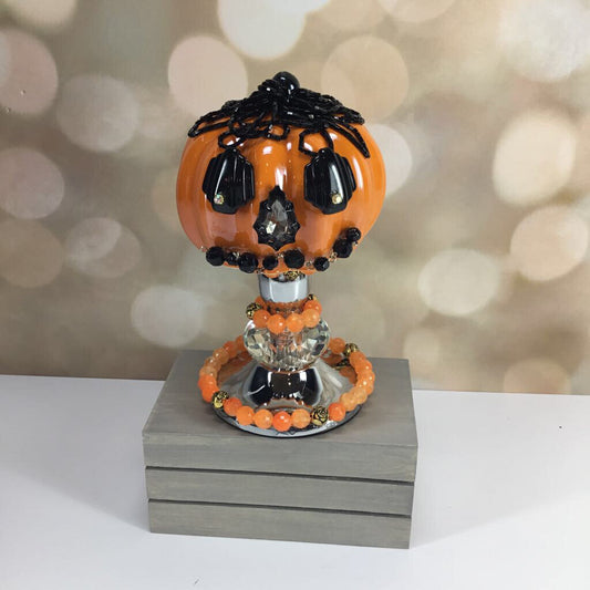 SMALL PUMPKIN W/ BLK VTG JEWELRY FACE & beaded hair