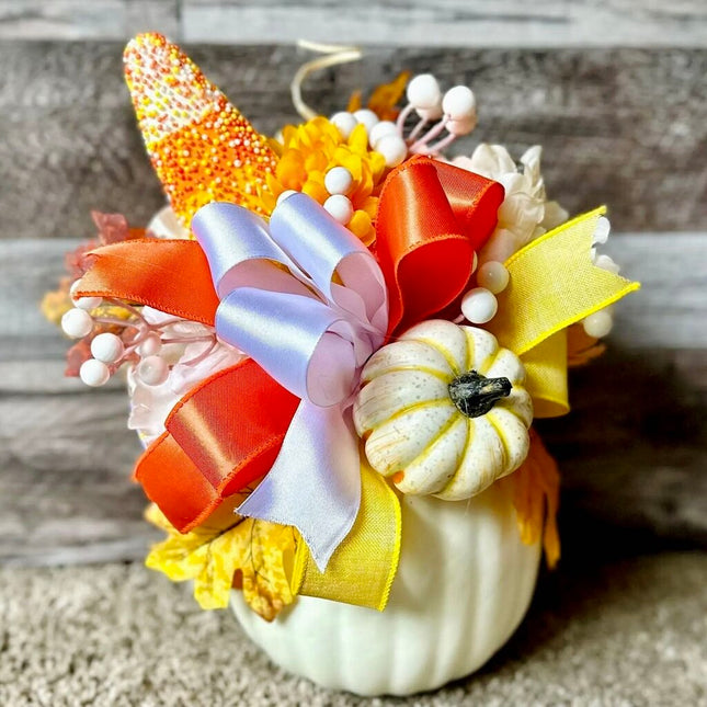 Candy Corn Pumpkin Centerpiece, Whimsical Fall Arrangement with Autumn Leaves & Florals, Thanksgiving Table Decor, Office Decoration