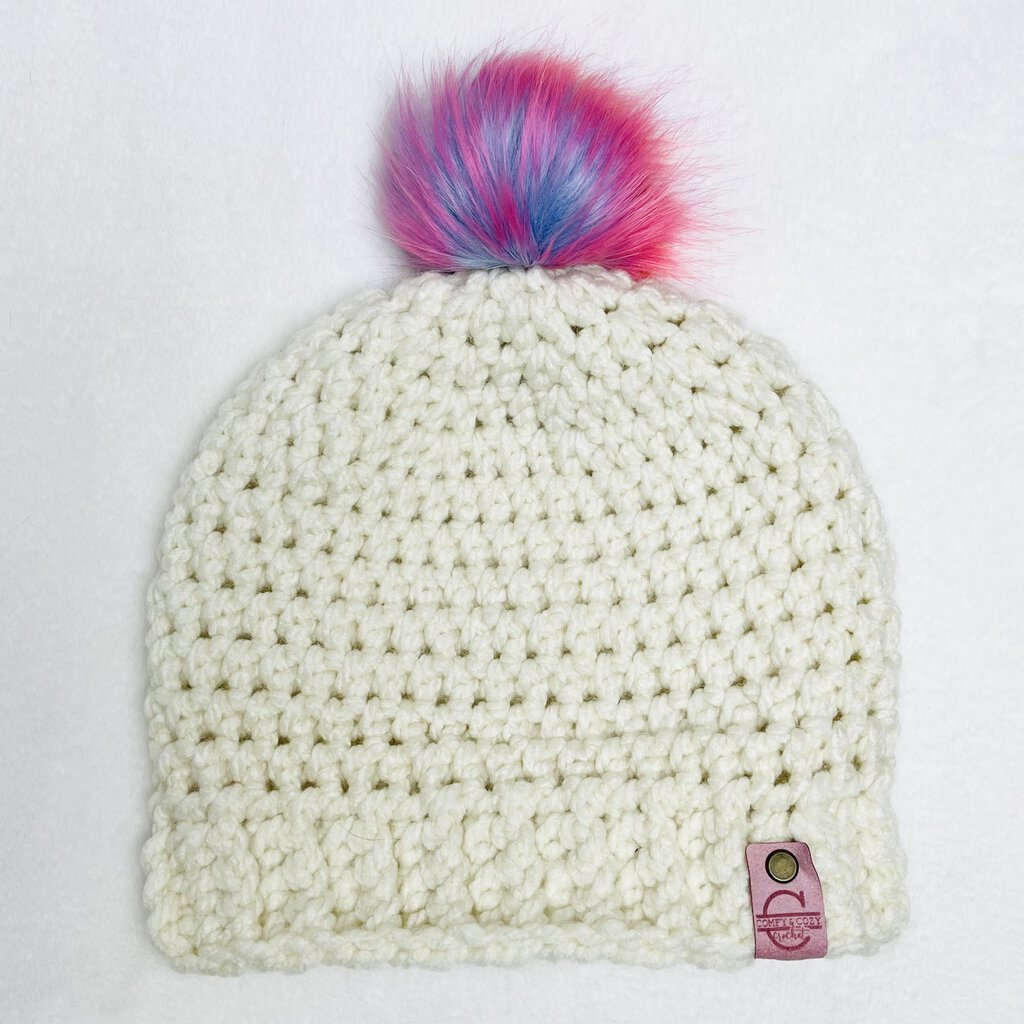 Pom Pom Hat - Off White with Multicolor Pom